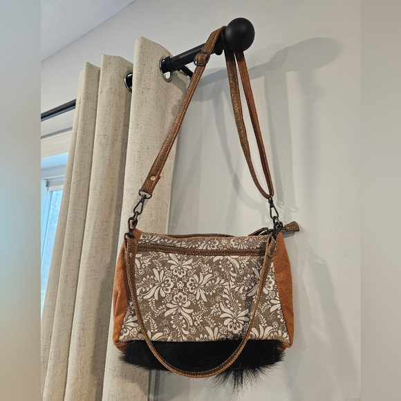 Myra Bag Handbags - Myra Bag Brown Floral Crossbody with Black Fur Trim